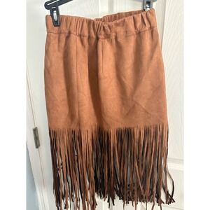 Noless Tan Suede Fringe Skirt Women's Size S Elastic Waist Boho Festival